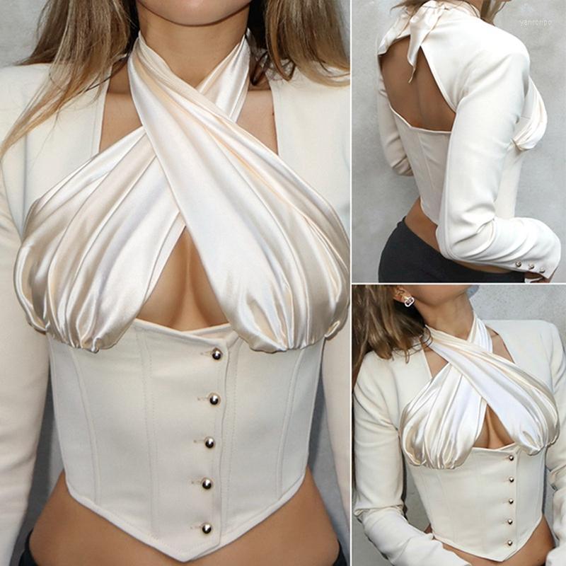 

Bustiers & Corsets Women' Fashion Sexy Long Sleeve Hollow Halter Wrapped Chest Tunic Top WhiteBustiers, White