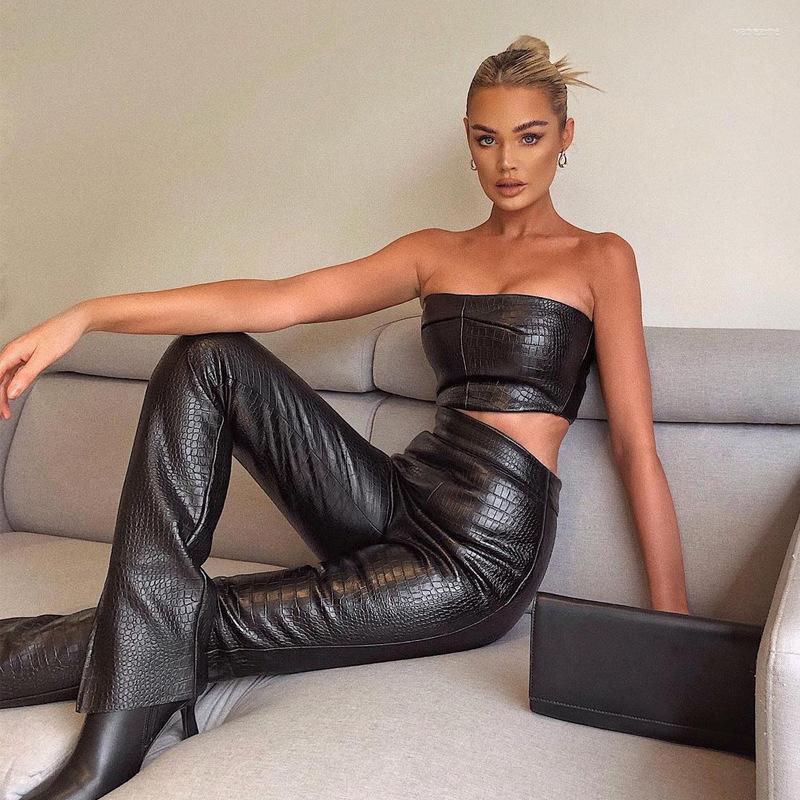 

Women' Two Piece Pants Women' PU Leather For Women Sexy High Waist Long Leggings Punk Style Black Motorcycle Female Straight Trousers