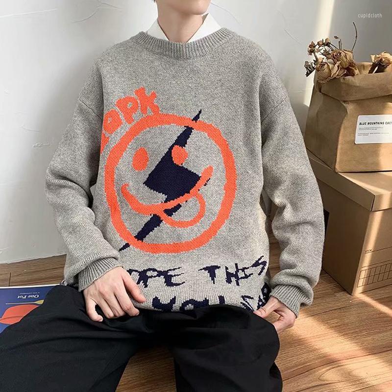 

Men's Sweaters Korean Style Cute Sweater Men's Autumn Winter Loose Knitwear Student Hip Hop Couple Cartoon Pattern Warm Pullover Women, Gray