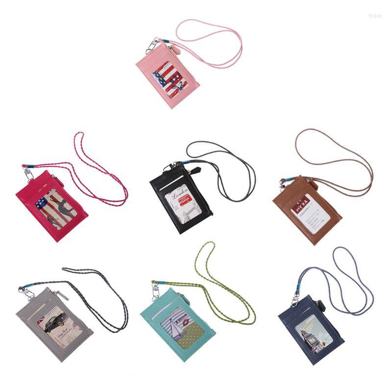 

Card Holders Women Business Holder Wallet Men PU Leather ID Cards Case Neck Strap Lanyard Ladies Fashion Mini Slim Wallets, Khaki