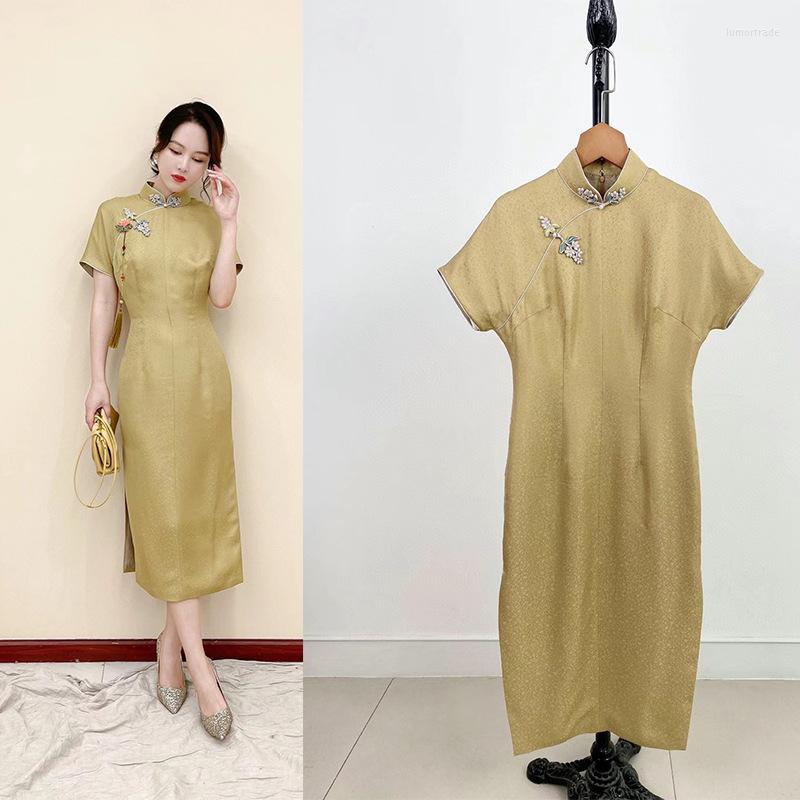 

Women's Down GSYCB 2022 SS WOMENS SLIM FIT CHINESE VINTAGE SILK LONG DRESSES