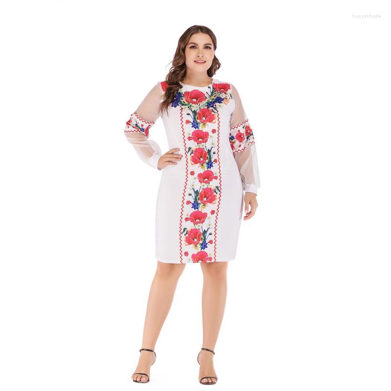 

Casual Dresses Fashion Women Knee Length O Neck Summer Oversized Full Sleeve Ukrainian Vestidos Patchwork Big Size 6XL DressesCasual, White