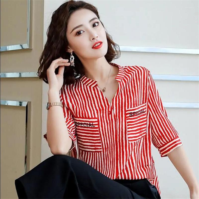 

Women's Blouses Half Sleeve Striped Blouse For Women V-neck Breasted Pullover Tops Temperament Feminine Chiffon Shirt Offce Camisas Mujer, Black