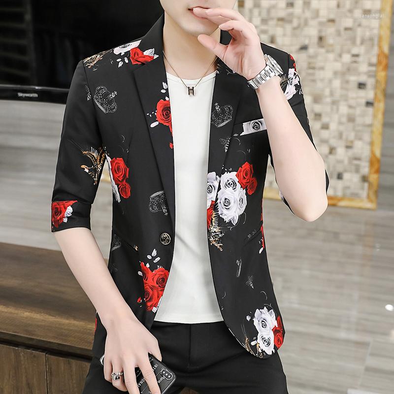 

Men's Suits Men Seven Minutes Sleeve Suit Hair Stylist Hollow Out Coat Tide Summer Thin Sleeves Small Printing Men's Wear, Black