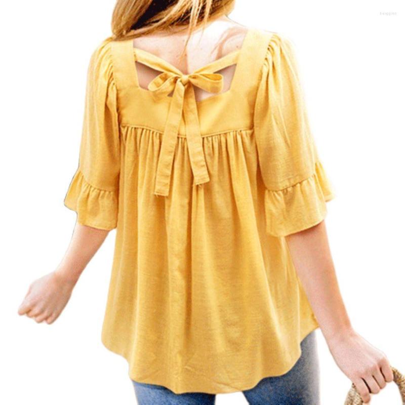 

Women's Blouses 2022 Autumn Half Flare Sleeve Square Collar Bowknot Female Cotton Shirts Long Loose Clothes Women Casual, White