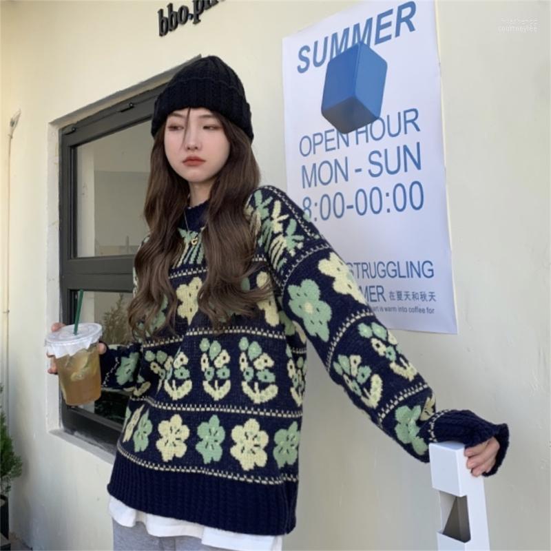 

Women's Sweaters Women's Harajuku Cute Floral Pullover Sweater For Women Autumn Winter Streetwear Casual Loose Jumper Ladies Long, Black