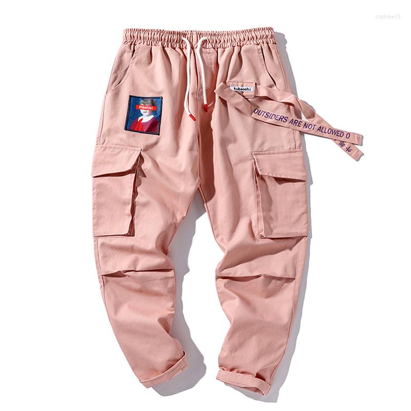 

Men's Pants Joggers Cargo For Men Casual Hip Hop Hit Color Pocket Male Trousers Sweatpants Streetwear Ribbons Techwear A79, Pink