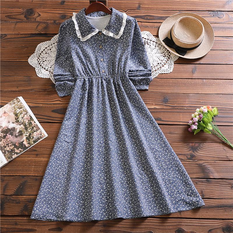 

Casual Dresses Mori Girl Floral Blue Dress Autumn Fashion Long Sleeve For Women