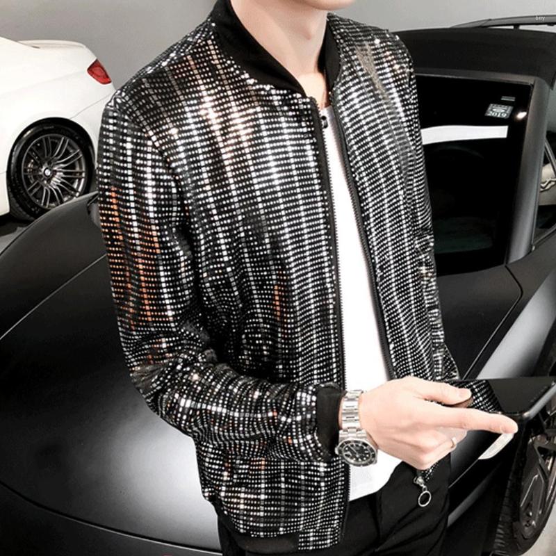 

Men's Jackets Men Shiny Sequins Long Sleeve Zip Pocket Nightclub Singer Jacket Slim Type Coat Denim Korean Fashion Clothing, Black