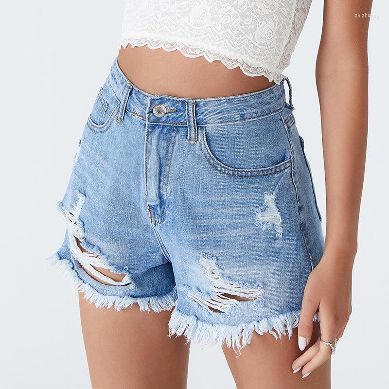 

Women's Jeans Fashion Loose Frayed Tassel Denim Shorts Women's Hole-breaking Short Fur-rip Pants #22, Sky blue