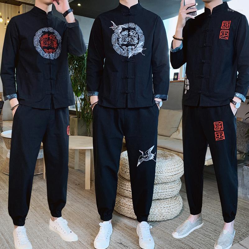 

Men's Tracksuits Chinese Style Embroidery Retro Cotton Jacket Trousers 2pcs Set MEN Clothing C4 Men's, 190-black