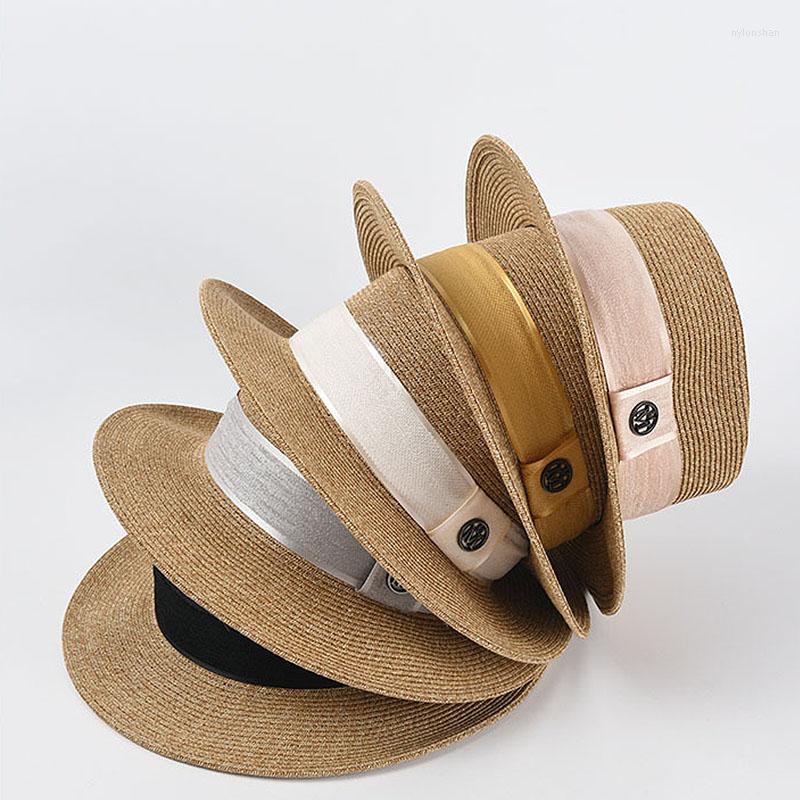 

Wide Brim Hats Women's Summer Hat Velvet Bandage M Letter Decoration Sun Protection Cap Female Flat Top Straw Beach, White