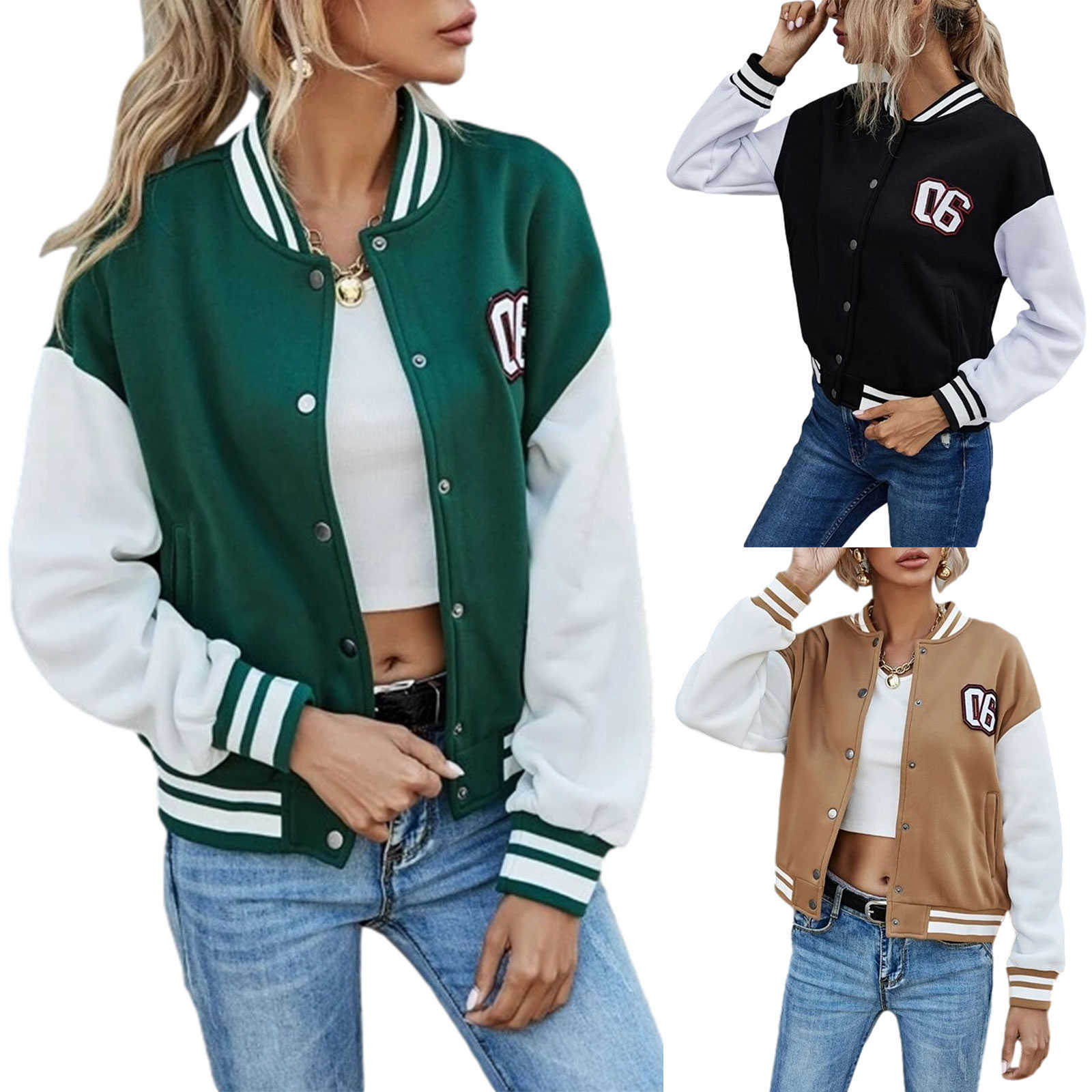 

Women' Jackets Number Patched Color Block Bomber Jacket Girls Long Sleeve Autumn Lady Matching Stand Collar Baseball Tops Single-breasted Coat T221008, Green