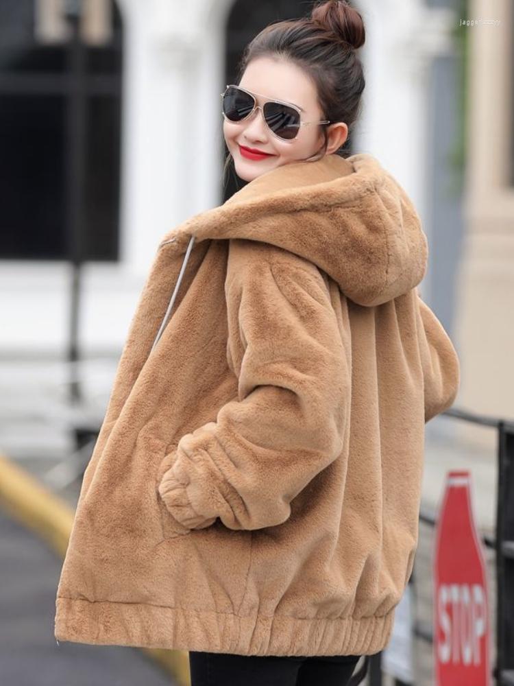 

Women's Fur Fashion Faux Coat Thickened Imitation Hooded Simple Korean Style Loose Solid Color Women's Winter Jacket, Caramel