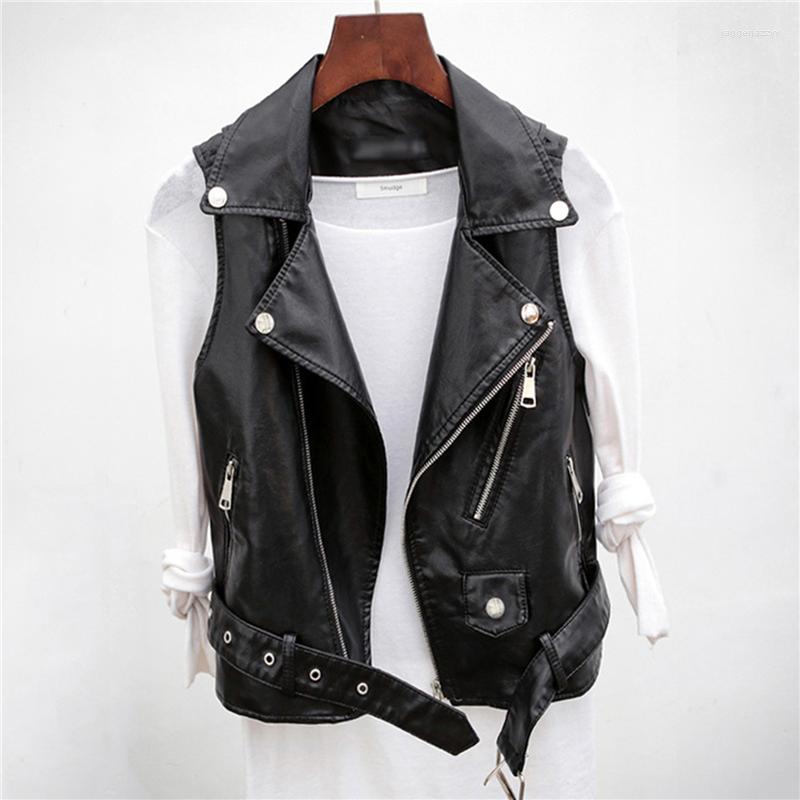 

Women' Vests 2022 Spring Autumn Black PU Leather Waistcoat Fashion Women Motorcycle Vest Coat Sleeveless Jacket Large Size 2XL
