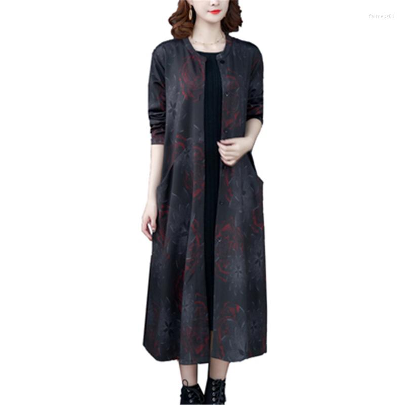 

Women's Trench Coats Spring Autumn Women's Windbreaker Print Loose Female Long Jackets Trendy Lady Overcoat Vintage Coat Mujer, Red