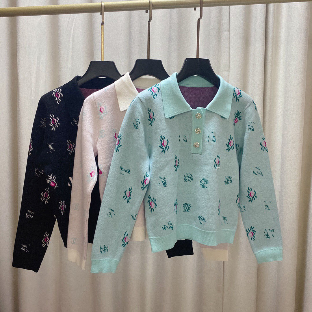 

New Women's Sweaters Autumn Winter Wool Blends Pullover Women Knitted Sweater Cartoon Flower Jacquard Lapel Long Sleeve Sweet Loose Jumper, Black