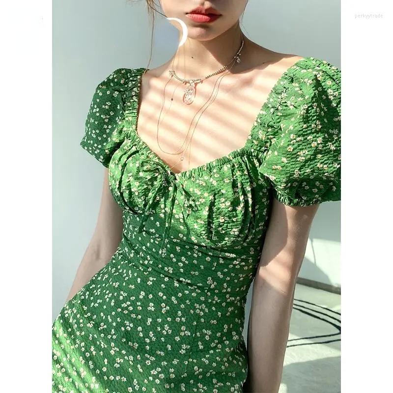 

Casual Dresses Sweet Square Collar Ladies Green Floral Print Dress Women Cute Fashion Korean Party Puff Sleeve Summer Vintage Mini