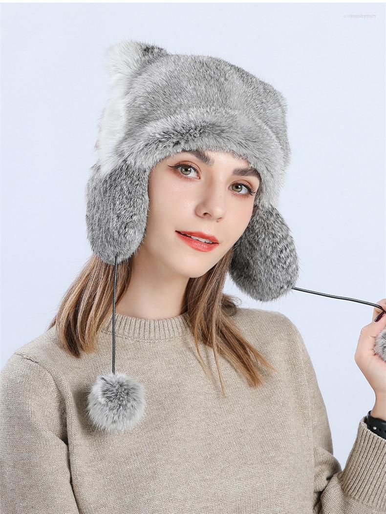 

Berets Women Fur Hat Of Real Winter Ski Caps With Earflaps Warm Ears Sweet Bomber, Gray