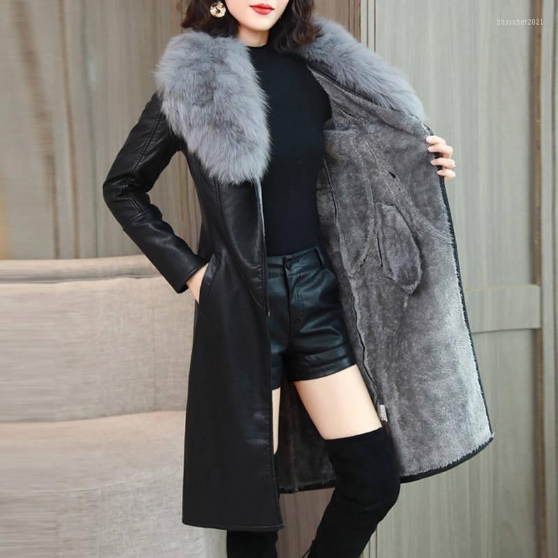 

Women's Leather Winter Woman's Jackets Korean Style Plus Velvet Fur Collar Warm Faux PU Coat Woman Casual Outwear Long Jacket, Army green
