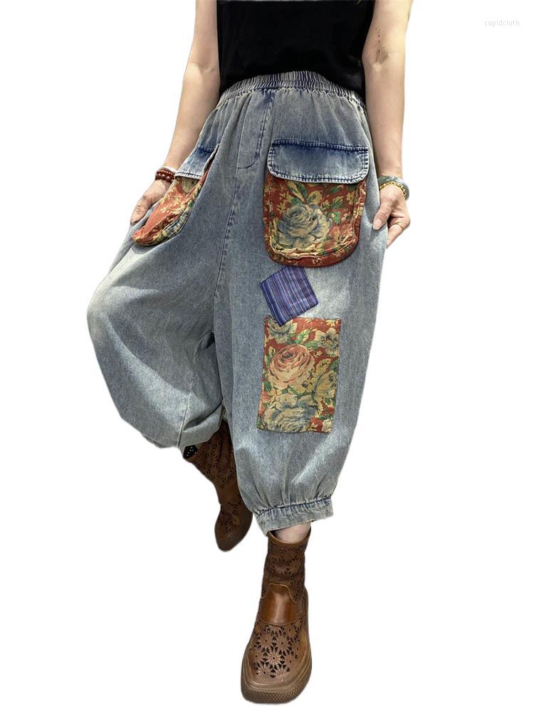 

Women's Jeans FairyNatural Chinese Style Retro Pants Ladies Luxury Print Loose Trousers Leisure Women Elastic Waist Floral Punk Denim, Light blue