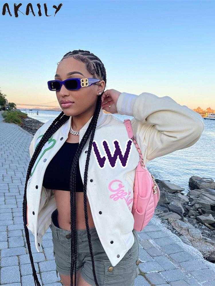 

Women's Jackets Akaily Autumn White Print Baseball Jackets For Women 2022 Streetwear Long Sleeve Button Up Coats Female Bomber Varsity Jackets T221008