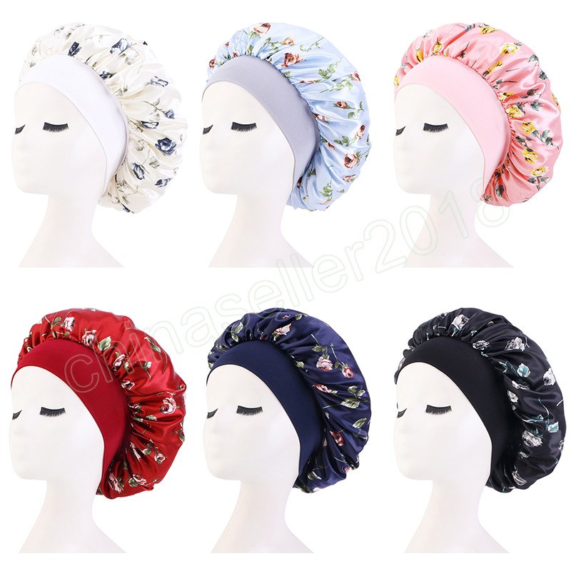 

Women Rose Flower Satin Bonnet Hat Wide Elastic Band Night Sleep Cap For Curly Springy Headwrap Hair Care Chemo Caps Soft Headcover, Mixed color