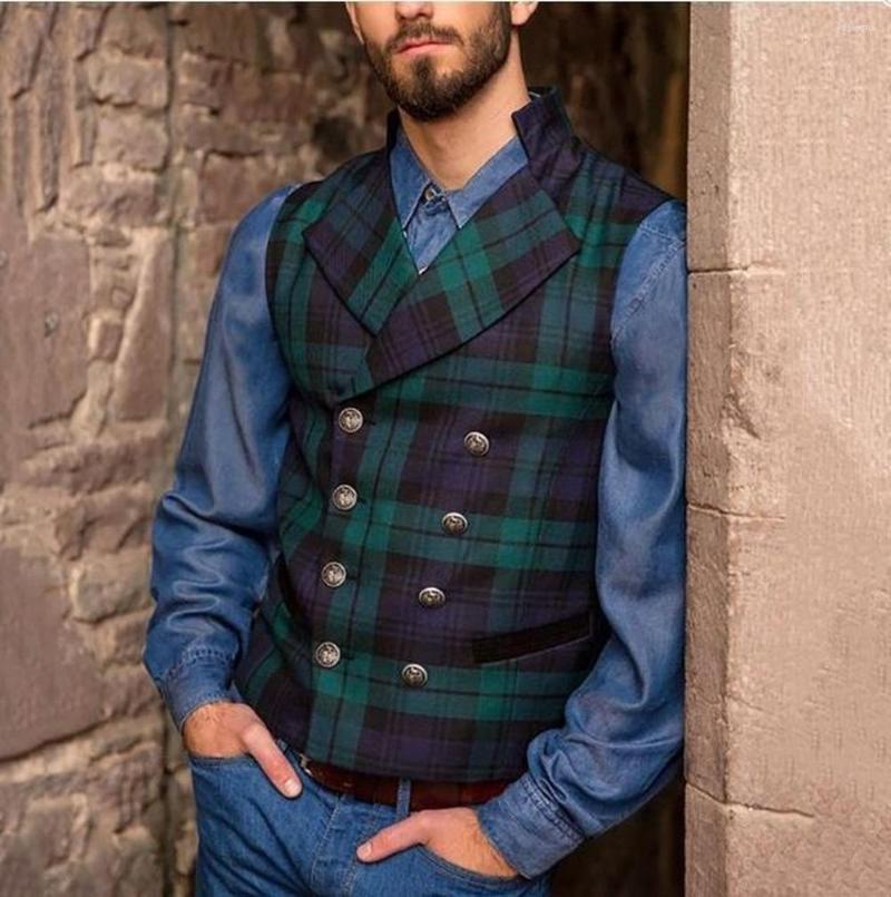 

Men's Vests OLOMLB Chic Mens Vest Suit Plaid Check Business Casual Slim Formal Waistcoat Double Breasted British Styles 2022, Picture shown