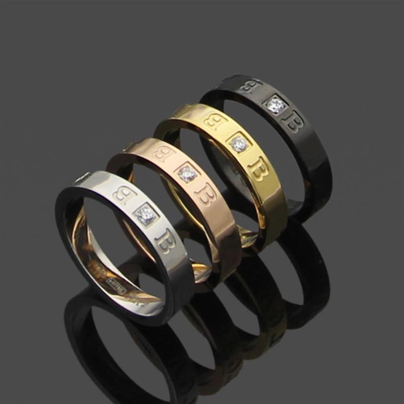 

Europe America Fashion Style Men Lady Women Titanium Steel Engraved B Initials Single Diamond Rings US6-US9 4 Color264h