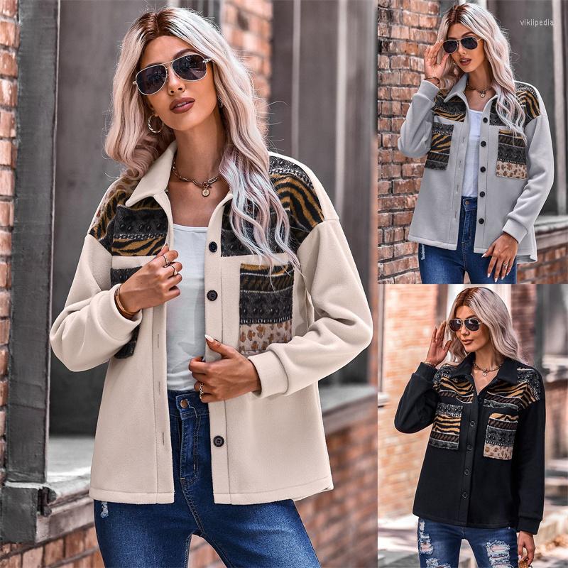 

Women' Jackets Women' Fashion Patchwork Jacket Autumn Winter Single-Breasted Loose Coat Turn-Down Collar Female Top With Pocket, Black