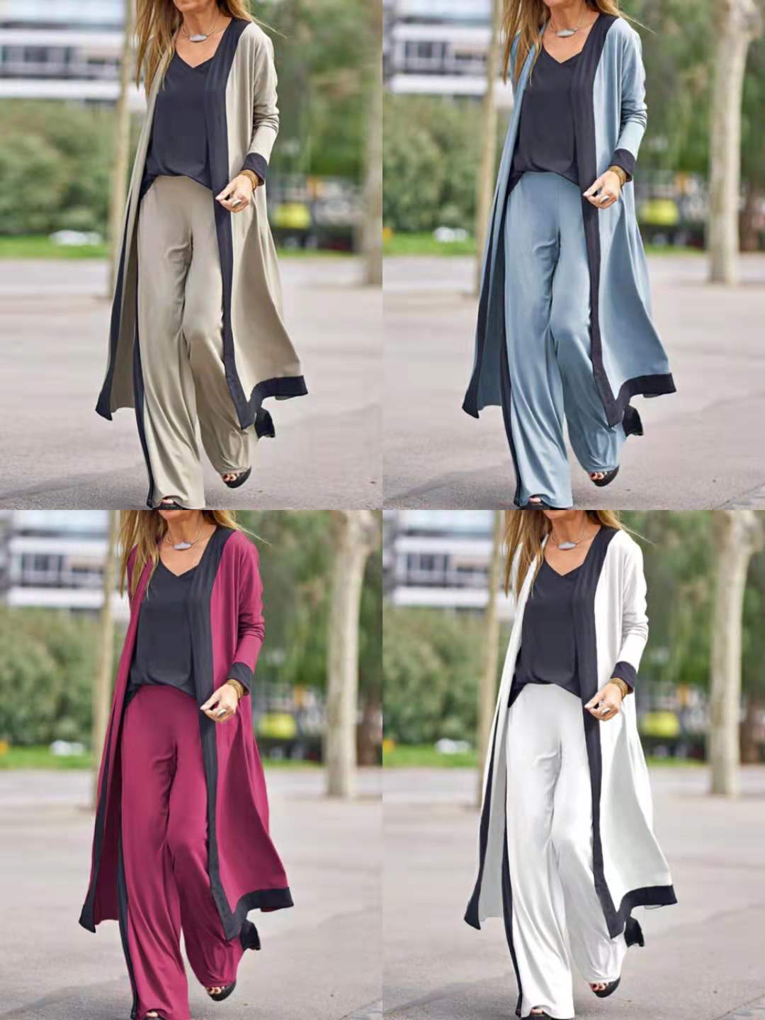 

Casual Women Long Cardigan Sling Tops Loose Pants Sets Elegant Patchwork Lady Outfits Suits Fashion Femme 3Pc Sets Steetwear, 01 khaki
