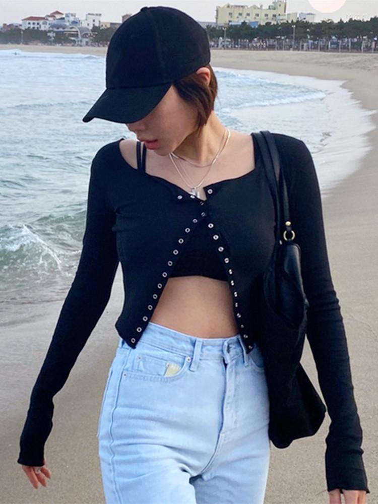 

Women' Blouses 2022 Autumn Women T-shirt Long Sleeve U Neck Button Up Shirts Solid Color Ribbed Cardigan Slim Fit Crop Tops Female, Blue