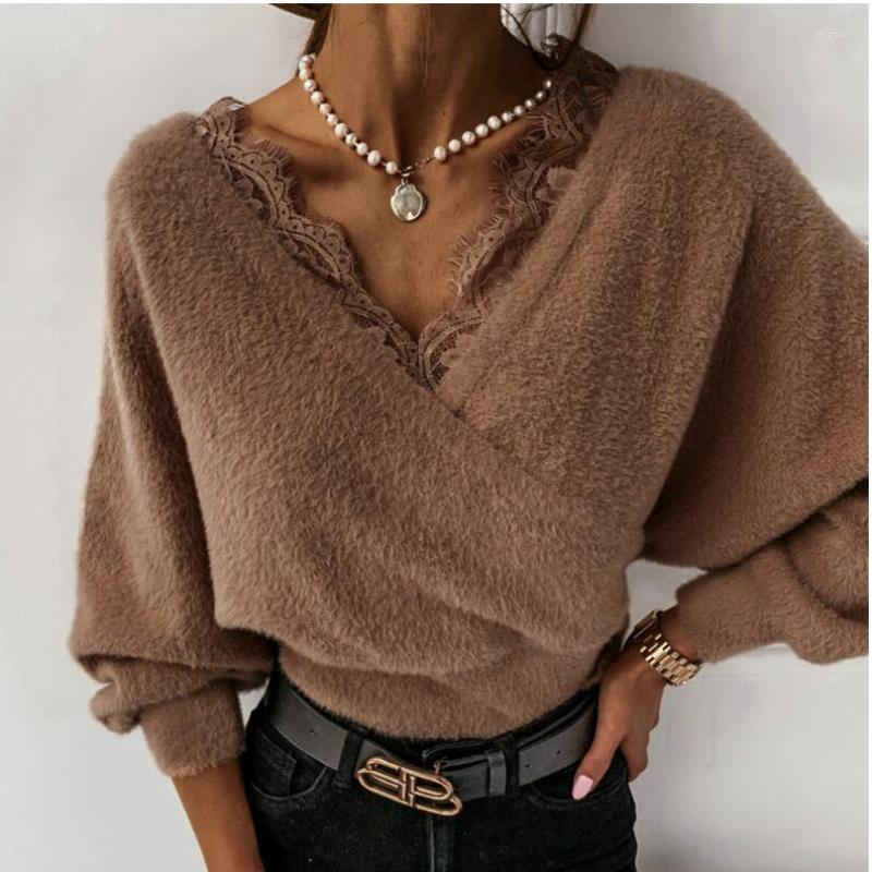 

Women' Sweaters Sexy Patchwork Flannel Sweater Lace High Waist V-neck Pullover Nightclub Club Winter Comfort For Women 2022, White