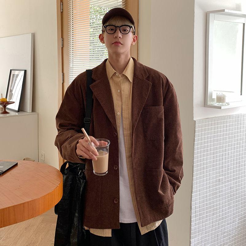 

Men's Suits Autumn Corduroy Blazer Men Fashion Society Mens Dress Jacket Korean Loose Casual Suit Retro Pocket Coat Jackets, Khaki