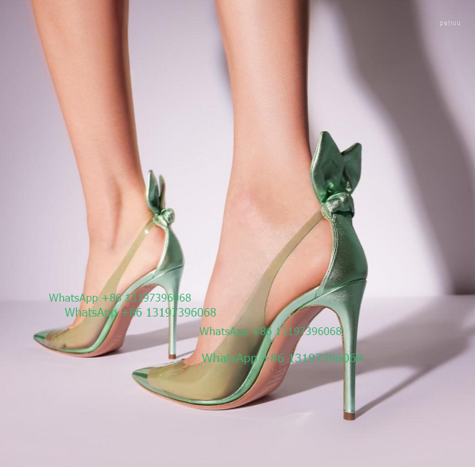 

Dress Shoes Lady Pink Green Color High Heels Design PVC Bow Tie Pumps Sexy Pointed Toe Summer Party Footwear Size, As photo
