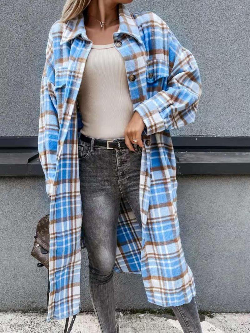 

Women's Wool Women's Fashion Long Plaid Coat Autumn Shirt Woolen Streetwear Women Clothing Loose Female Casual Jacket, Coffee