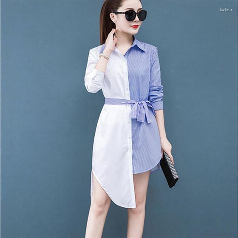 

Casual Dresses Elegant Office Ladies Dress Loose Blouse Irregular Lapel Long-sleeved Waist Belt Tops Work Long ShirtDress Autumn, White