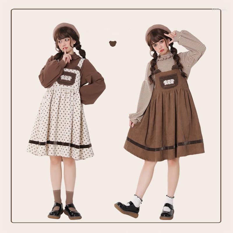 

Casual Dresses QWEEK Kawaii Lolita Dress Women Vintage Sweet Cute Bear Embroidery Corduroy Strap Tank JSK High Waist 2022 Fashion, Brown