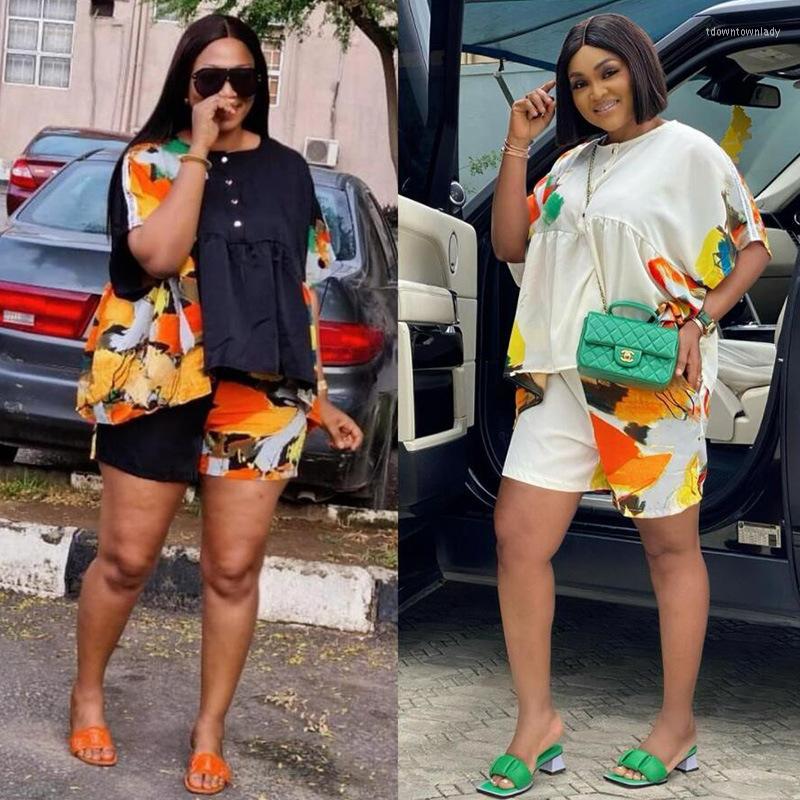 

Women' Tracksuits 2022 Summer Women Casual Shorts Sets Fashion Loose Print Short Sleeves O-Neck Tops Nightclub Party Two Pieces Outfits, Black