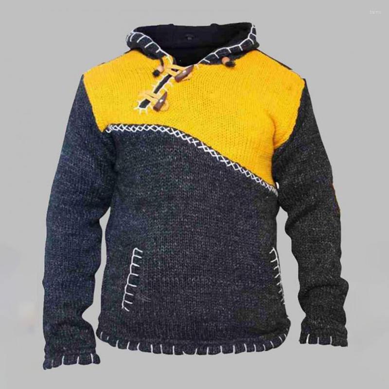 

Men's Sweaters Men Sweatshirt Handsome Casual Color Block Knitted Hoodie Drawstring Pullover, Green
