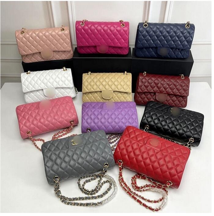 

5A Designer Top custom luxury brand bag Channel 2022 Handbag Leather leather cowhide gold or silver chain Slant shoulder 25.5cm black pink and white, Yellow lambskin silver logo