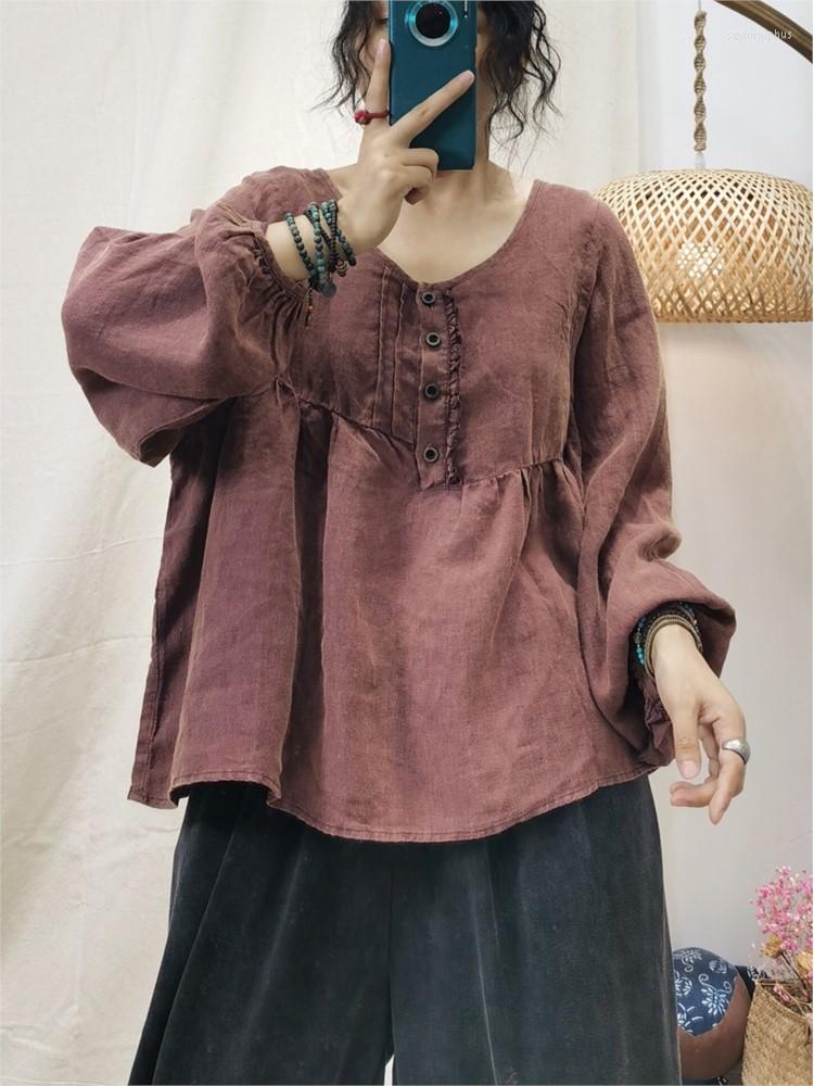 

Women's Blouses Loose Pullovers Shirt Women 2022 Autumn Casual Flax Tops Female Retro O-Neck Long-sleeved Spliced All-match Blouse, Figure 1