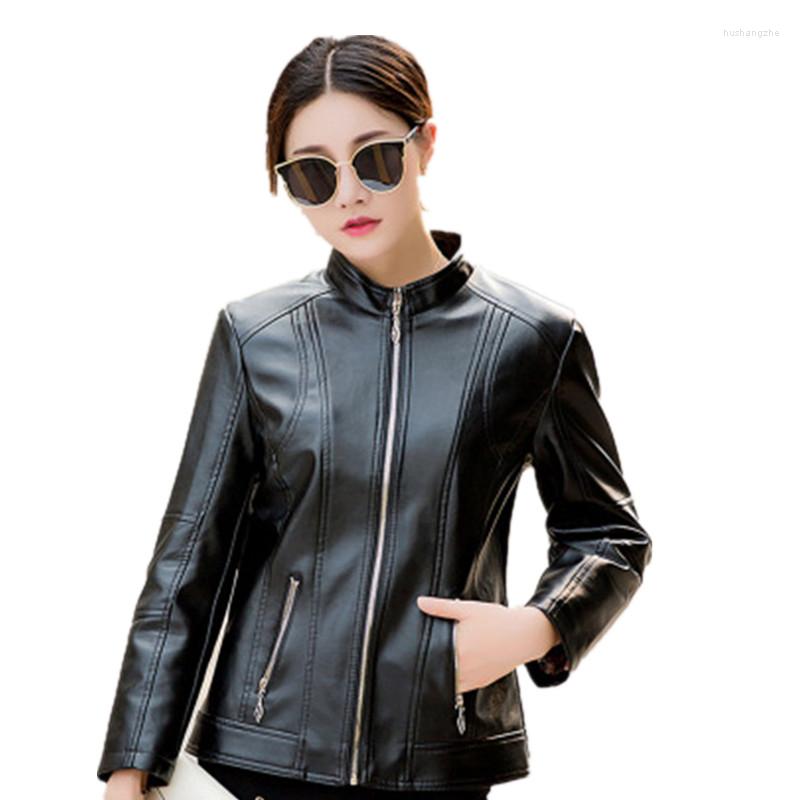 

Women's Leather Woman 2022 Design Spring Autumn PU Jacket Faux Soft Coat Slim Black Zipper Motorcycle Jackets A72