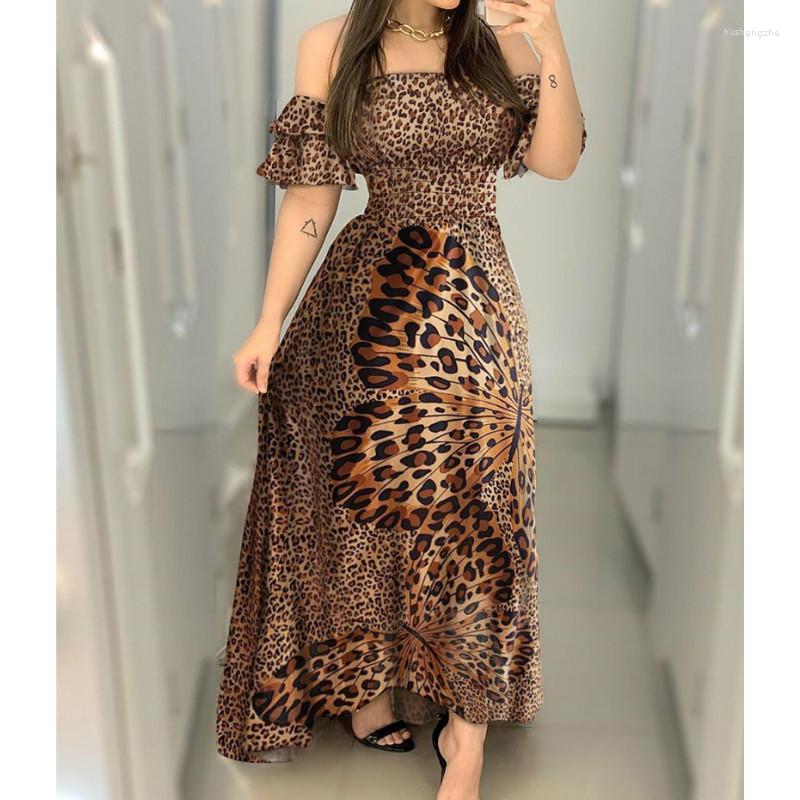 

Casual Dresses Off Shoulder Party Women Lady Ruffle Leopard Print Flare Long Sundress Sexy Ladies Strappy Slash Neck