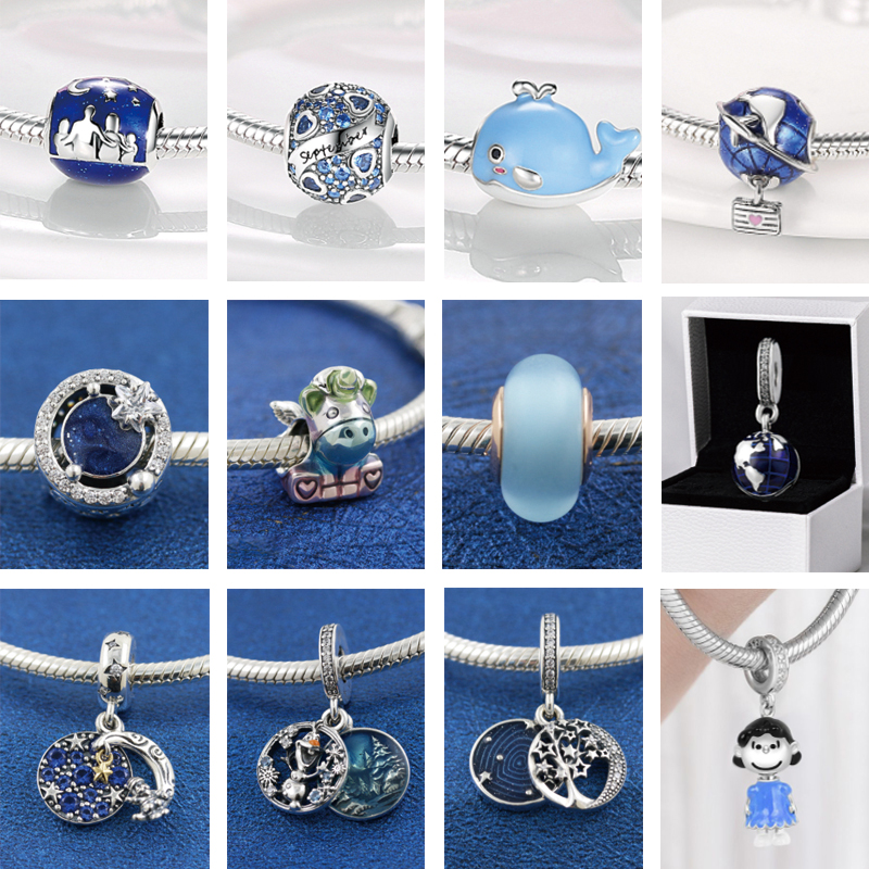 

925 Sterling Silver Dangle Charm Women Beads High Quality Jewelry Gift Wholesale Blue Night Sky Sparkling Star Moon Bead Fit Pandora Bracelet DIY