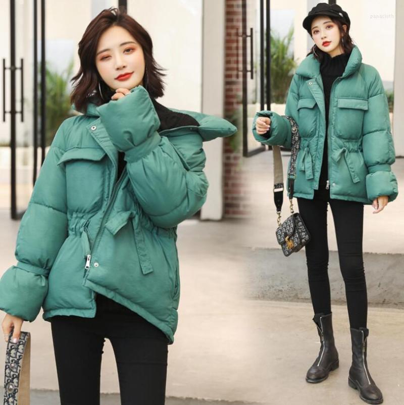 

Women's Trench Coats Women's Short Cotton Coat Casual Solid Color Standing Collar Waist Large Pocket Trumpet Sleeves Warm Female Jacket, As photo 1