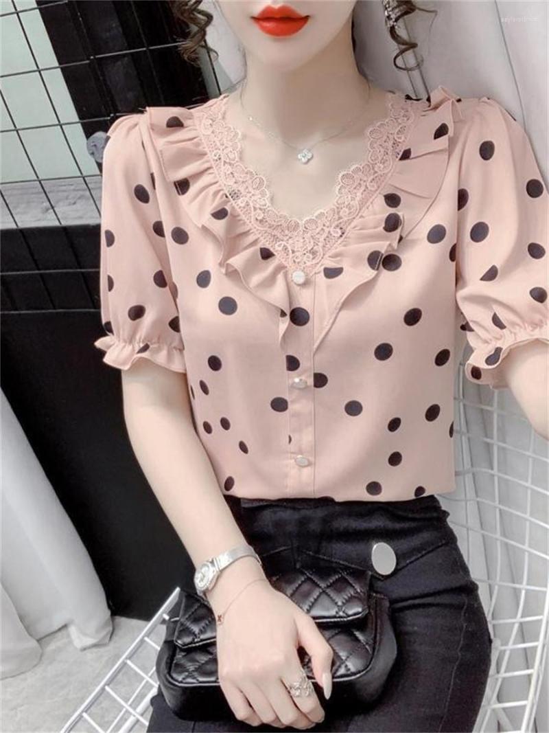 

Women' Blouses Woman Summer Style Shirts Lady Casual Short Puff Sleeve V-Neck Polka Dot Printed Blusas Tops SP1619, Beige