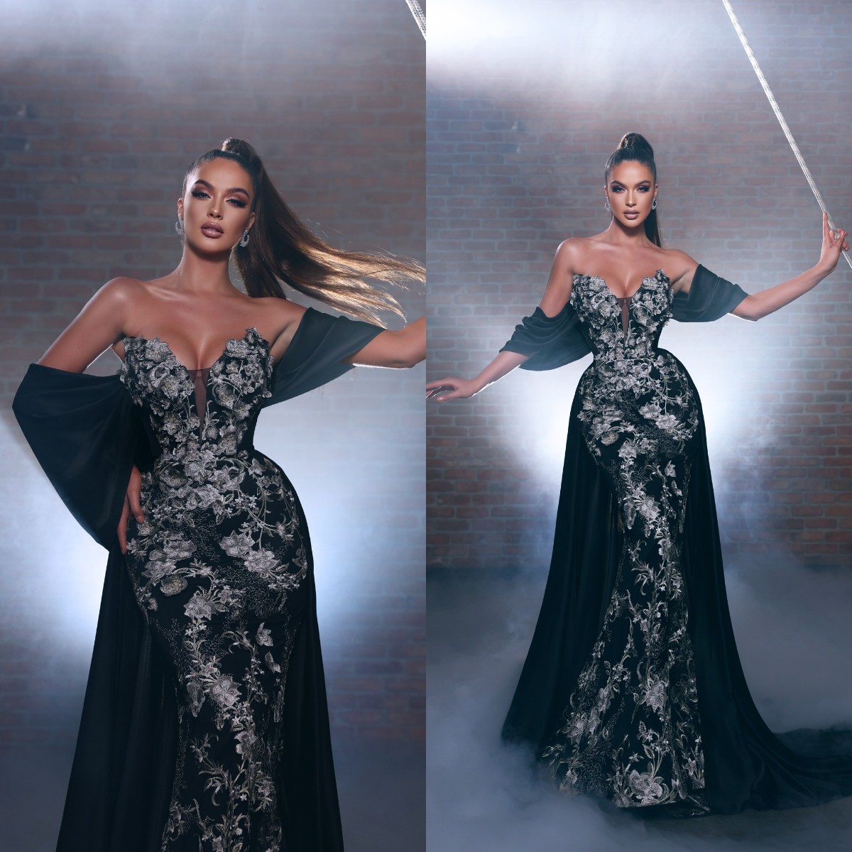 

Vintage Appliqued Mermaid Prom Dress Off The Shoulder Overskirts Evening Dresses With Detachable Train Women Party Gowns Vestidos, Dark green
