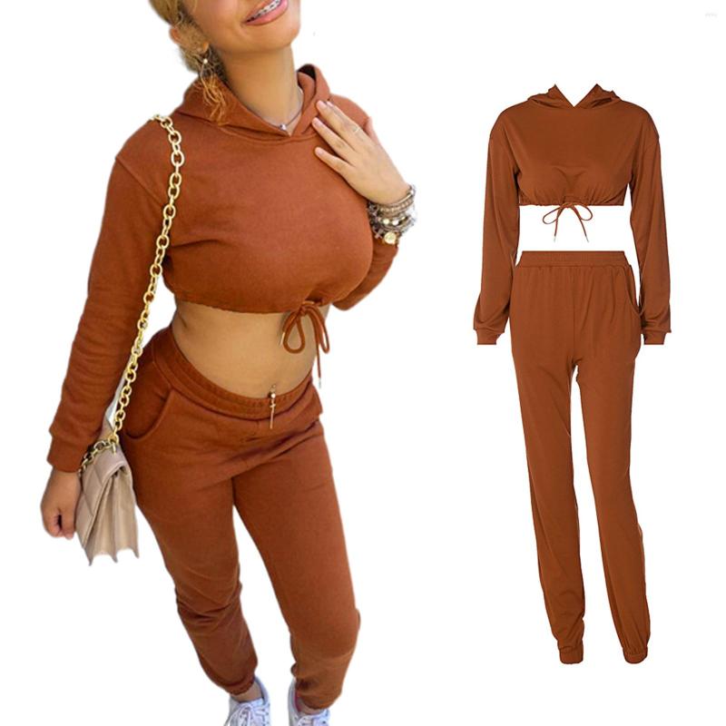 

Women' Two Piece Pants Hirigin Women' Casual Sports Outfits Solid Color Long Sleeve Hooded Crop Tops Elastic Waist Side Pockets Set