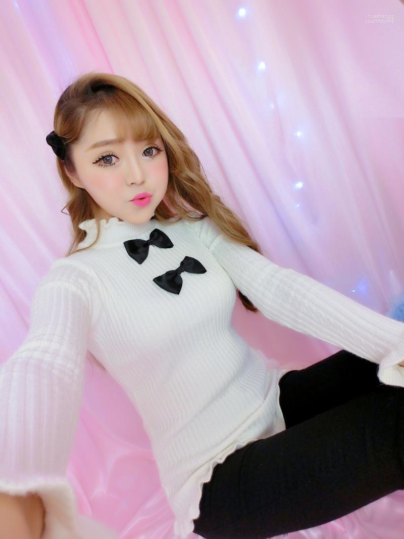 

Women's Sweaters Women's Princess Sweet Lolita Sweater Soft Girls'Three-dimensional Bow-knot Bottom With Auricular Edge Women, White